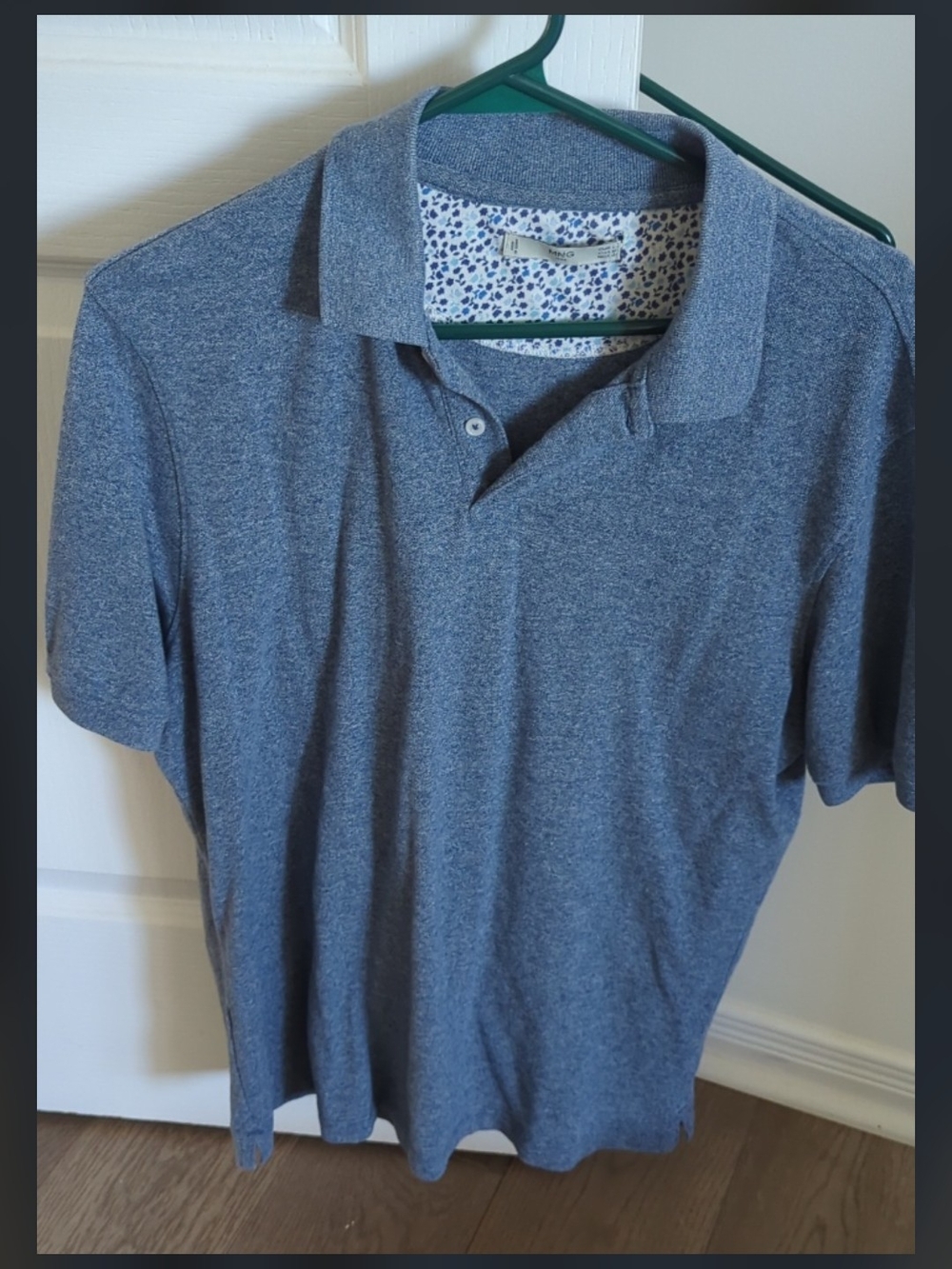 Mango Man Heather Blue Stretch Cotton Polo Shirt - Floral Trim Detail - Size L